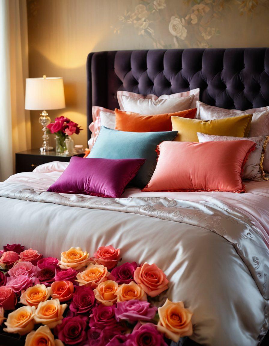 A luxurious bedroom setting adorned with soft, seductive lighting, featuring an array of colorful, delicate lingerie elegantly displayed on plush bedding. Include playful accents like feathered pillows and a glass of champagne, to evoke a sense of flirtation and intimacy. Incorporate a lush bouquet of roses in the background for a romantic touch. The overall feel should be inviting and sumptuous, appealing to the senses. super-realistic. vibrant colors. soft focus.